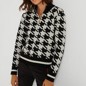 MONOPRIX SKI Wool Houndstooth High Collar Zip Wool Sweater